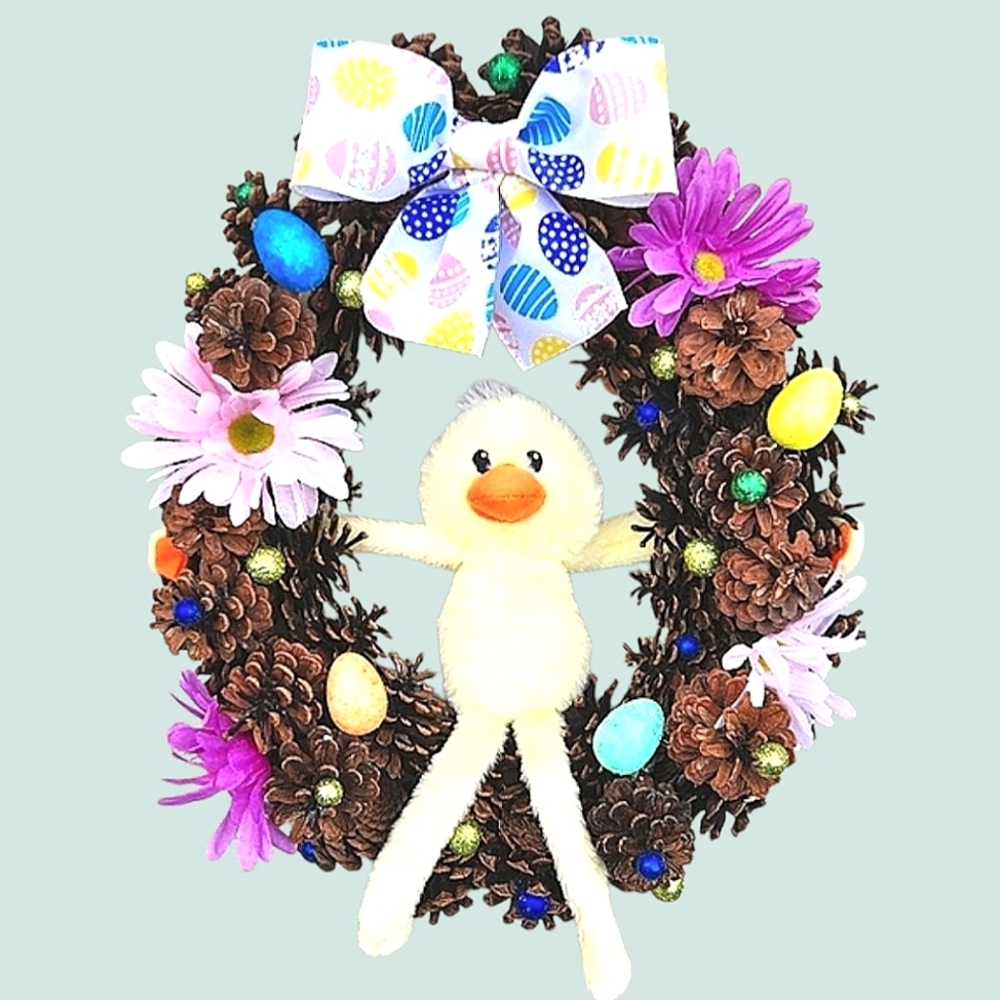Easter Chick Pinecone & Flowers Wreath